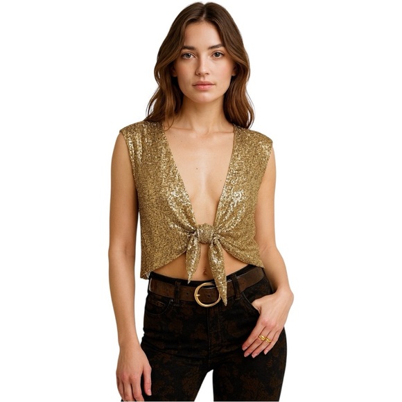 Free People Tops - Free People Lost In Your Light Gold Sequin Tie-Front Sleeveless Top Size M